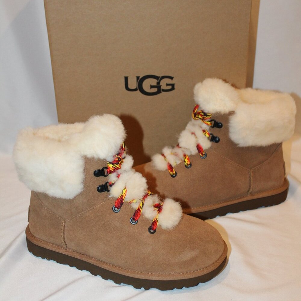 NIB UGG WOMEN'S‎ MINI ALPINE LACE UP SUEDE SHEARLING LINED BOOTS CHESTNUT